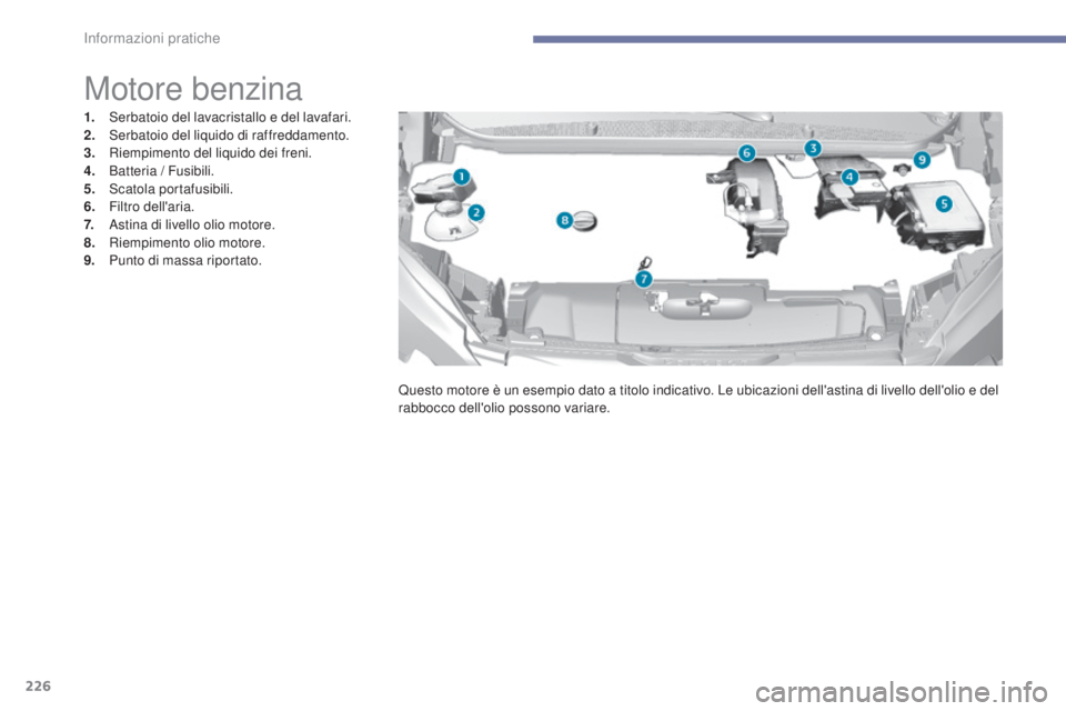 Peugeot 308 2017 Manuale del proprietario (in Italian) 226
308_it_Chap07_info-pratiques_ed01-2016
Motore benzina
1. Serbatoio del lavacristallo e del lavafari.
2. Serbatoio del liquido di raffreddamento.
3.
R
iempimento del liquido dei freni.
4.
B
att Peugeot 308 2017 Manuale del proprietario (in Italian) 226
308_it_Chap07_info-pratiques_ed01-2016
Motore benzina
1. Serbatoio del lavacristallo e del lavafari.
2. Serbatoio del liquido di raffreddamento.
3.
R
iempimento del liquido dei freni.
4.
B
att