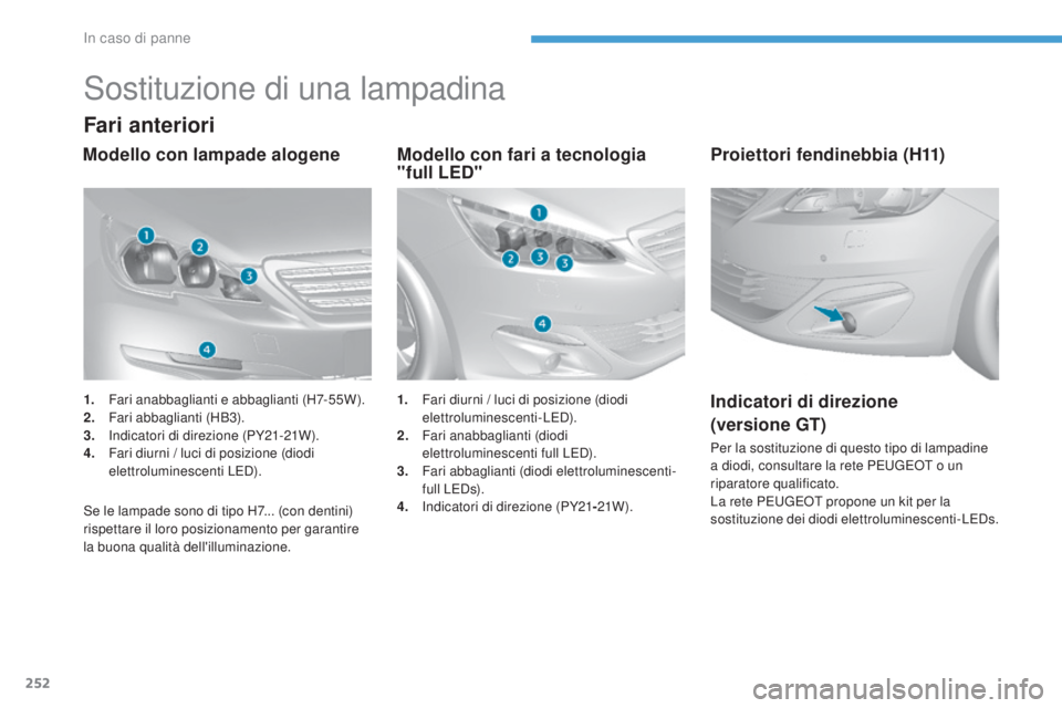 Peugeot 308 2017 Manuale del proprietario (in Italian) 252
308_it_Chap08_en-cas-de-panne_ed01-2016
Sostituzione di una lampadina
Fari anteriori
Modello con fari a tecnologia
"full LED"
Modello con lampade alogene
Se le lampade sono di tipo H7... Peugeot 308 2017 Manuale del proprietario (in Italian) 252
308_it_Chap08_en-cas-de-panne_ed01-2016
Sostituzione di una lampadina
Fari anteriori
Modello con fari a tecnologia
"full LED"
Modello con lampade alogene
Se le lampade sono di tipo H7...