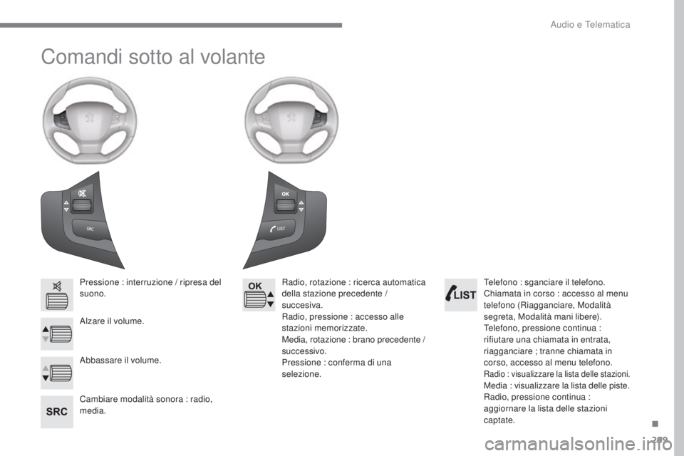 Peugeot 308 2017  Manuale del proprietario (in Italian) 299
308_it_Chap10b_SMegplus_ed01-2016
Comandi sotto al volante
Pressione : interruzione / ripresa del 
suono.
Alzare il volume.
Cambiare modalità sonora : radio, 
media.Radio, rotazione : ricerca aut