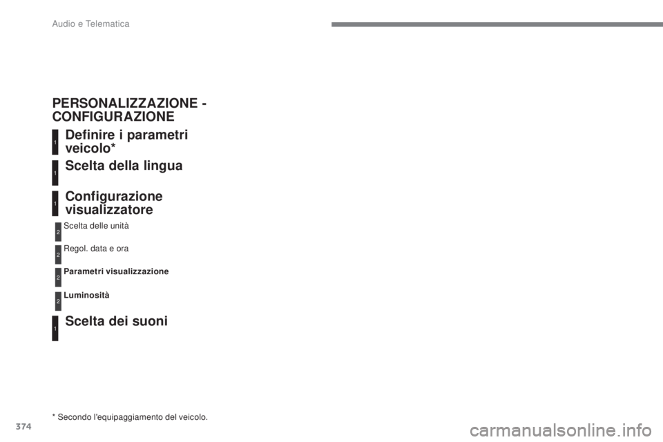 Peugeot 308 2017  Manuale del proprietario (in Italian) 374
308_it_Chap10c_RD45_ed01-2016
Definire i parametri 
veicolo*
Scelta dei suoni Scelta della lingua
Configurazione 
visualizzatore
* Secondo l'equipaggiamento del veicolo.Scelta delle unità
Reg
