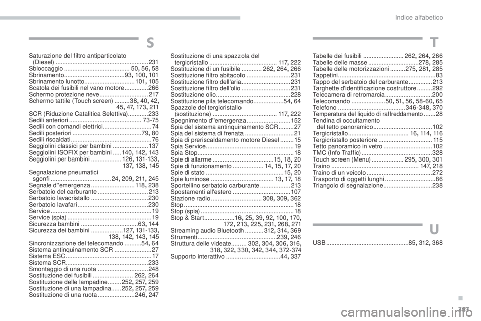 Peugeot 308 2017  Manuale del proprietario (in Italian) 383
308_it_Chap11_index-alpha_ed01-2016
tabelle dei fusibili ........................262, 264, 266ta
belle delle masse  ..............................278 , 285
ta

belle delle motorizzazioni
 
 ......