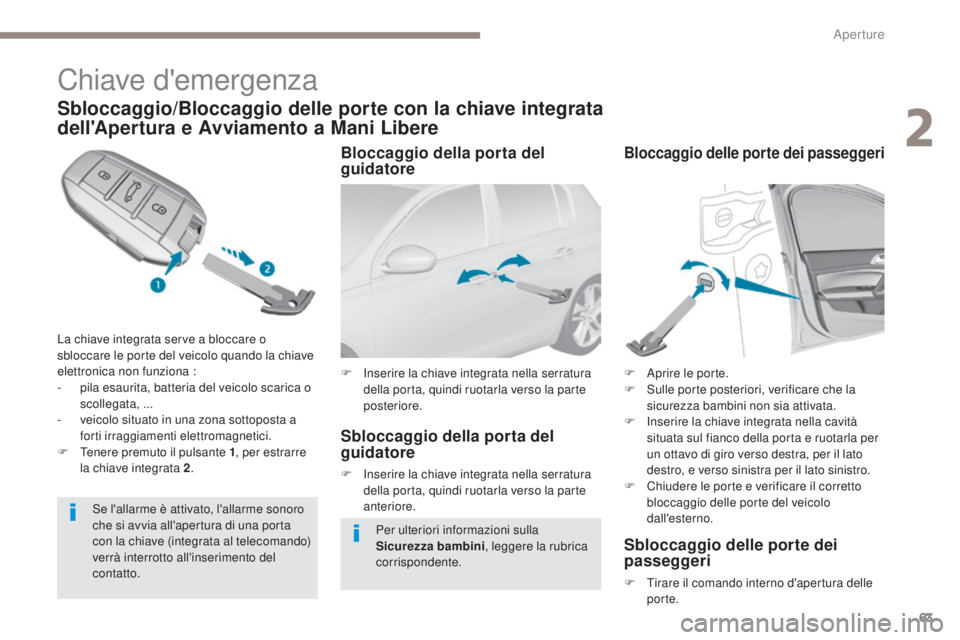 Peugeot 308 2017 Manuale del proprietario (in Italian) 63
308_it_Chap02_ouvertures_ed01-2016
Chiave d'emergenza
Sbloccaggio/Bloccaggio delle porte con la chiave integrata
dell'Apertura e Avviamento a Mani Libere
La chiave integrata serve a blocca Peugeot 308 2017 Manuale del proprietario (in Italian) 63
308_it_Chap02_ouvertures_ed01-2016
Chiave d'emergenza
Sbloccaggio/Bloccaggio delle porte con la chiave integrata
dell'Apertura e Avviamento a Mani Libere
La chiave integrata serve a blocca