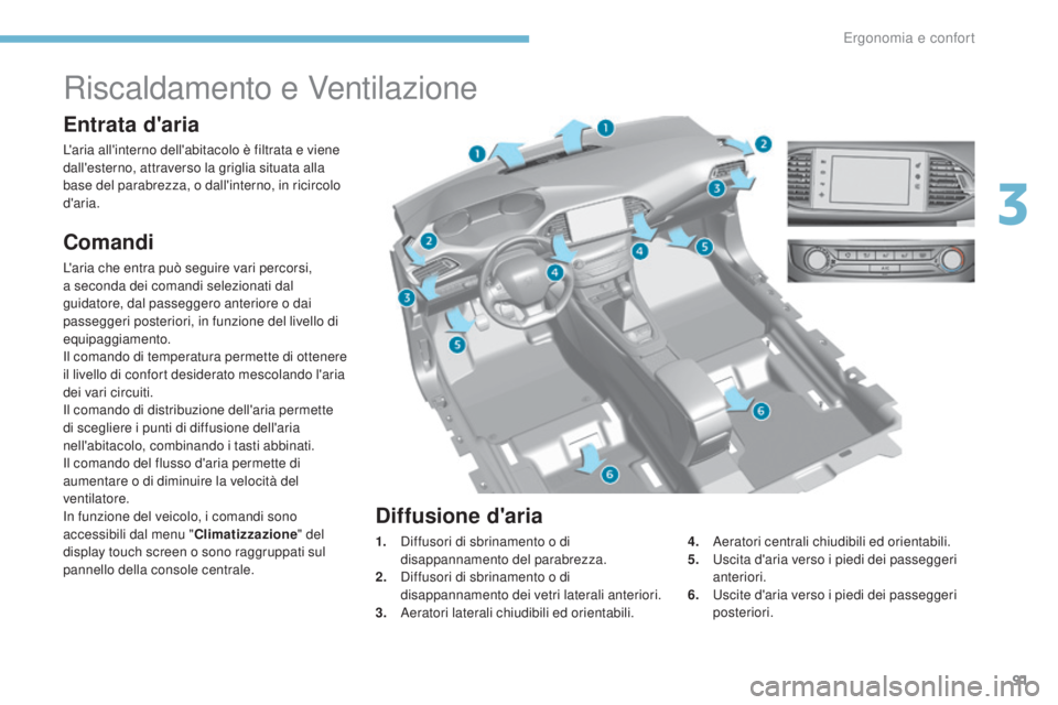 Peugeot 308 2017  Manuale del proprietario (in Italian) 91
308_it_Chap03_ergonomie-et-confort_ed01-2016
Riscaldamento e Ventilazione
Entrata d'aria
L'aria all'interno dell'abitacolo è filtrata e viene 
dall'esterno, attraverso la grigl