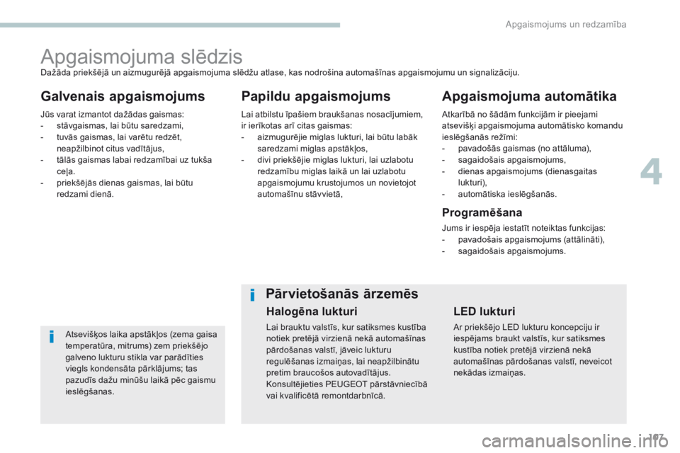 Peugeot 308 2017 Īpašnieka rokasgrāmata (in Latvian) 107
308_lv_Chap04_eclairage-et-visibilite_ed01-2016
Apgaismojuma slēdzis
Galvenais apgaismojumsPapildu apgaismojumsApgaismojuma automātika
Atsevišķos laika apstākļos (zema gaisa
temperatūra, m Peugeot 308 2017 Īpašnieka rokasgrāmata (in Latvian) 107
308_lv_Chap04_eclairage-et-visibilite_ed01-2016
Apgaismojuma slēdzis
Galvenais apgaismojumsPapildu apgaismojumsApgaismojuma automātika
Atsevišķos laika apstākļos (zema gaisa
temperatūra, m