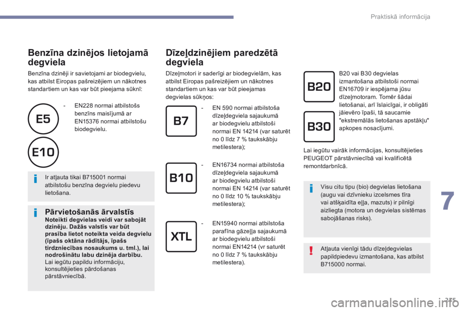 Peugeot 308 2017 Īpašnieka rokasgrāmata (in Latvian) 215
308_lv_Chap07_info-pratiques_ed01-2016
Benzīna dzinējos lietojamā
degviela
Benzīna dzinēji ir savietojami ar biodegvielu,
kas atbilst Eiropas pašreizējiem un nākotnes
standartiem un kas Peugeot 308 2017 Īpašnieka rokasgrāmata (in Latvian) 215
308_lv_Chap07_info-pratiques_ed01-2016
Benzīna dzinējos lietojamā
degviela
Benzīna dzinēji ir savietojami ar biodegvielu,
kas atbilst Eiropas pašreizējiem un nākotnes
standartiem un kas