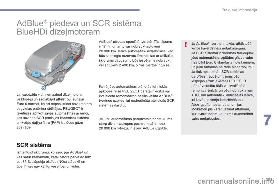 Peugeot 308 2017 Īpašnieka rokasgrāmata (in Latvian) 233
308_lv_Chap07_info-pratiques_ed01-2016
AdBlue® piedeva un SCR sistēma
BlueHDi dīzeļmotoram
Lai saudzētu vidi, nemazinot dīzeļmotora
veiktspēju un saglabājot atbilstību jaunajai
Euro 6 Peugeot 308 2017 Īpašnieka rokasgrāmata (in Latvian) 233
308_lv_Chap07_info-pratiques_ed01-2016
AdBlue® piedeva un SCR sistēma
BlueHDi dīzeļmotoram
Lai saudzētu vidi, nemazinot dīzeļmotora
veiktspēju un saglabājot atbilstību jaunajai
Euro 6