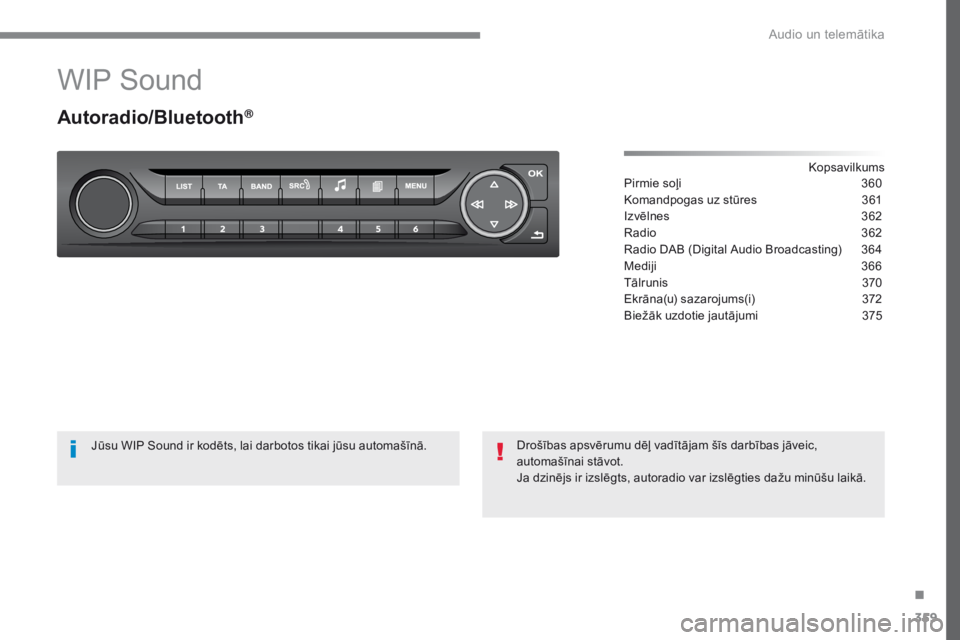 Peugeot 308 2017 Īpašnieka rokasgrāmata (in Latvian) 359
308_lv_Chap10c_RD45_ed01-2016
WIP Sound
Autoradio/Bluetooth®
Kopsavilkums
Pirmie soļi
3 60
Komandpogas uz stūres
3
61
Izvēlnes
36
2
Radio
3
62
Radio DAB (Digital Audio Broadcasting)
Peugeot 308 2017 Īpašnieka rokasgrāmata (in Latvian) 359
308_lv_Chap10c_RD45_ed01-2016
WIP Sound
Autoradio/Bluetooth®
Kopsavilkums
Pirmie soļi
3 60
Komandpogas uz stūres
3
61
Izvēlnes
36
2
Radio
3
62
Radio DAB (Digital Audio Broadcasting)