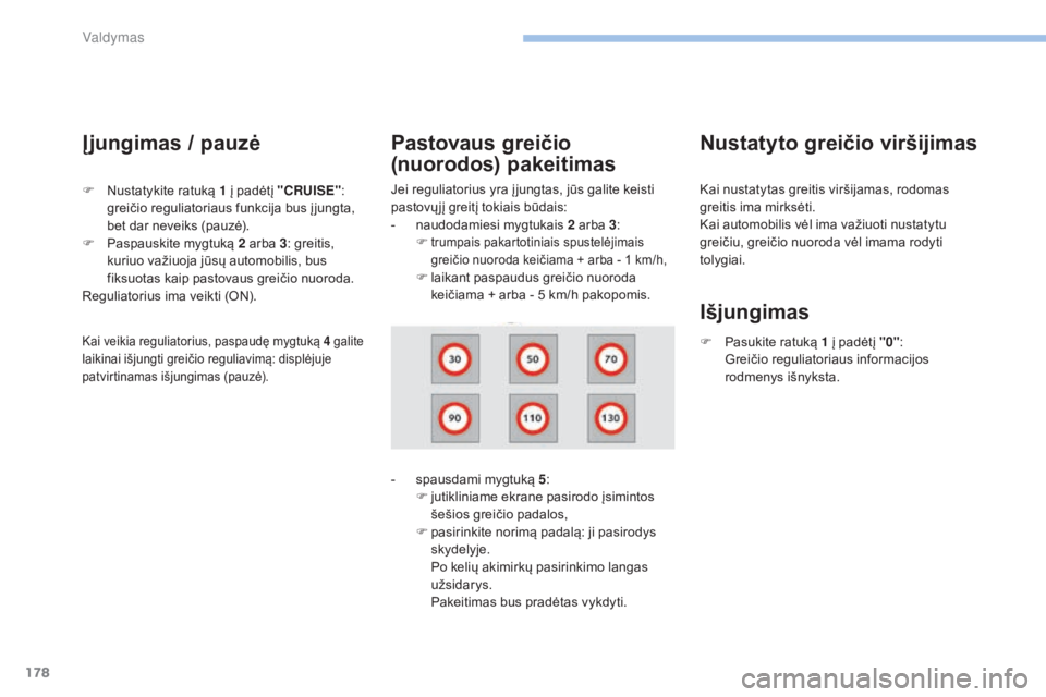 Peugeot 308 2017 Savininko vadovas (in Lithuanian) 178
308_lt_Chap06_conduite_ed01-2016
Į jungimas / pauzė
Jei reguliatorius yra į jungtas, jūs galite keisti
pastovų jį greitį tokiais būdais:
-
n
audodamiesi mygtukais 2 arba 3 :
F
trumpai Peugeot 308 2017 Savininko vadovas (in Lithuanian) 178
308_lt_Chap06_conduite_ed01-2016
Į jungimas / pauzė
Jei reguliatorius yra į jungtas, jūs galite keisti
pastovų jį greitį tokiais būdais:
-
n
audodamiesi mygtukais 2 arba 3 :
F
trumpai