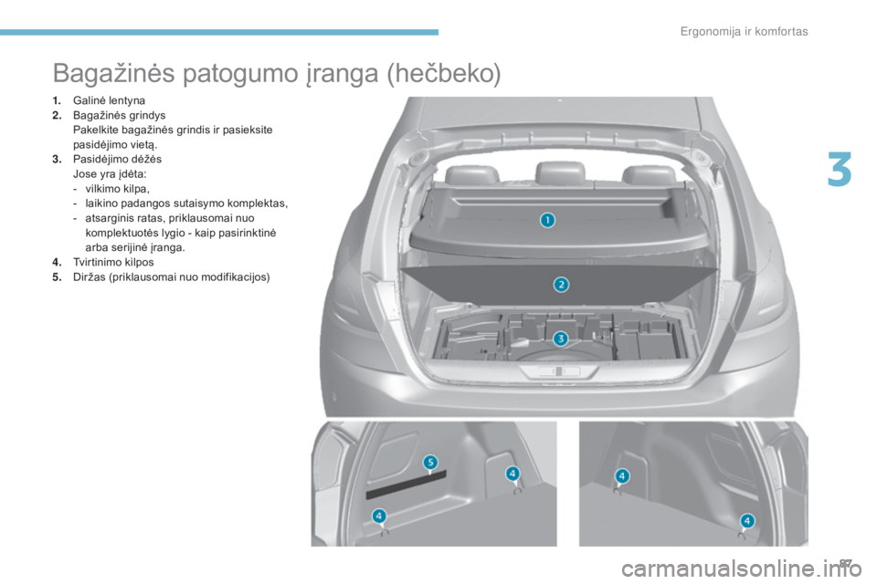 Peugeot 308 2017  Savininko vadovas (in Lithuanian) 87
308_lt_Chap03_ergonomie-et-confort_ed01-2016
Bagažinės patogumo įranga (hečbeko)
1. Galinė lentyna
2. Bagažinės grindys
 P

akelkite bagažinės grindis ir pasieksite 
pasidėjimo vietą.
3.