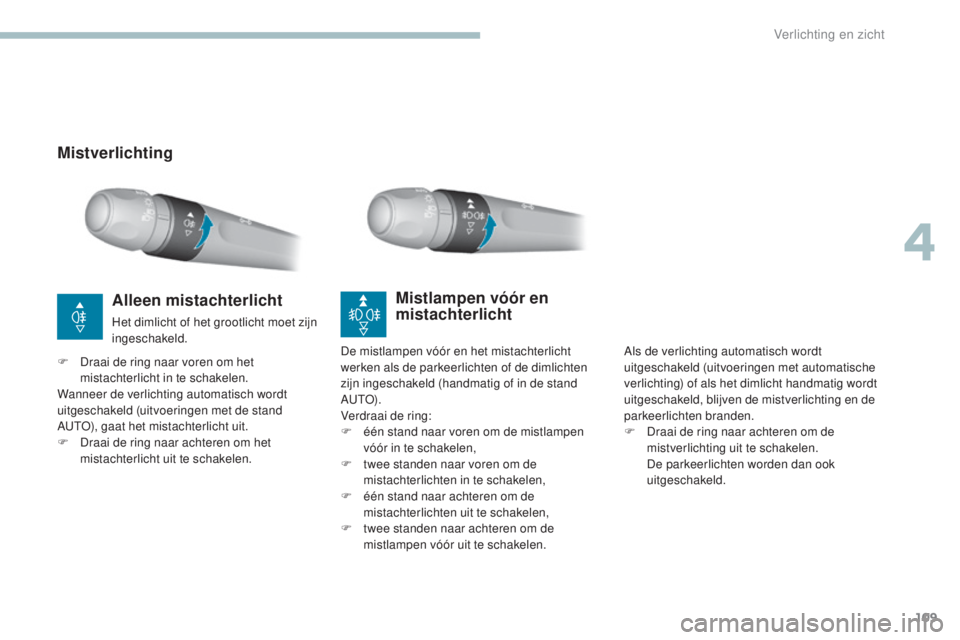 Peugeot 308 2017  Handleiding (in Dutch) 109
308_nl_Chap04_eclairage-et-visibilite_ed01-2016
MistverlichtingMistlampen vóór en 
mistachterlicht
Als de verlichting automatisch wordt 
uitgeschakeld (uitvoeringen met automatische 
verlichting