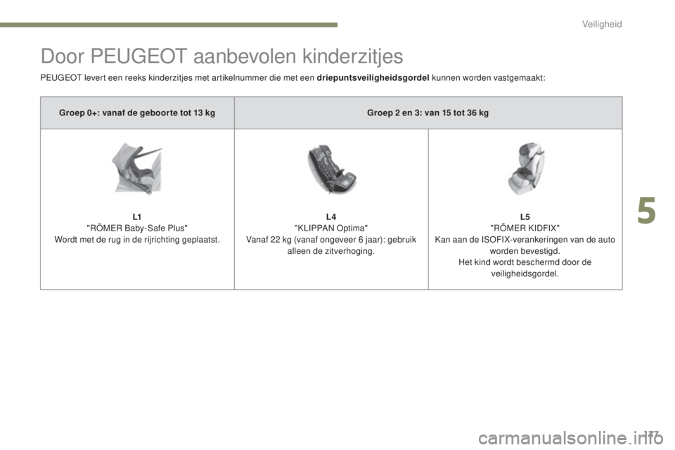 Peugeot 308 2017 Handleiding (in Dutch) 137
308_nl_Chap05_securite_ed01-2016
Door PEUGEOT aanbevolen kinderzitjes
PEUGEOT levert een reeks kinderzitjes met artikelnummer die met een driepuntsveiligheidsgordel kunnen worden vastgemaakt:
Groe Peugeot 308 2017 Handleiding (in Dutch) 137
308_nl_Chap05_securite_ed01-2016
Door PEUGEOT aanbevolen kinderzitjes
PEUGEOT levert een reeks kinderzitjes met artikelnummer die met een driepuntsveiligheidsgordel kunnen worden vastgemaakt:
Groe