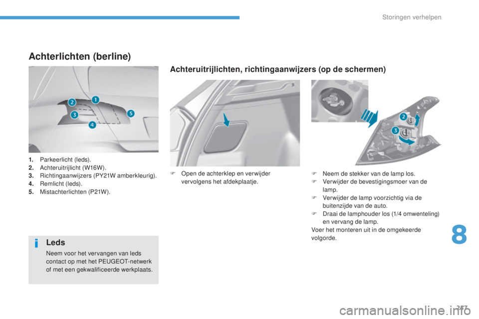 Peugeot 308 2017 Handleiding (in Dutch) 257
308_nl_Chap08_En-cas-de-panne_ed01-2016
1. Parkeerlicht (leds).
2. Achteruitrijlicht (W16W).
3.
R
ichtingaanwijzers (PY21W amberkleurig).
4.
Re
mlicht (leds).
5.
M
istachterlichten (P21W).
A Peugeot 308 2017 Handleiding (in Dutch) 257
308_nl_Chap08_En-cas-de-panne_ed01-2016
1. Parkeerlicht (leds).
2. Achteruitrijlicht (W16W).
3.
R
ichtingaanwijzers (PY21W amberkleurig).
4.
Re
mlicht (leds).
5.
M
istachterlichten (P21W).
A