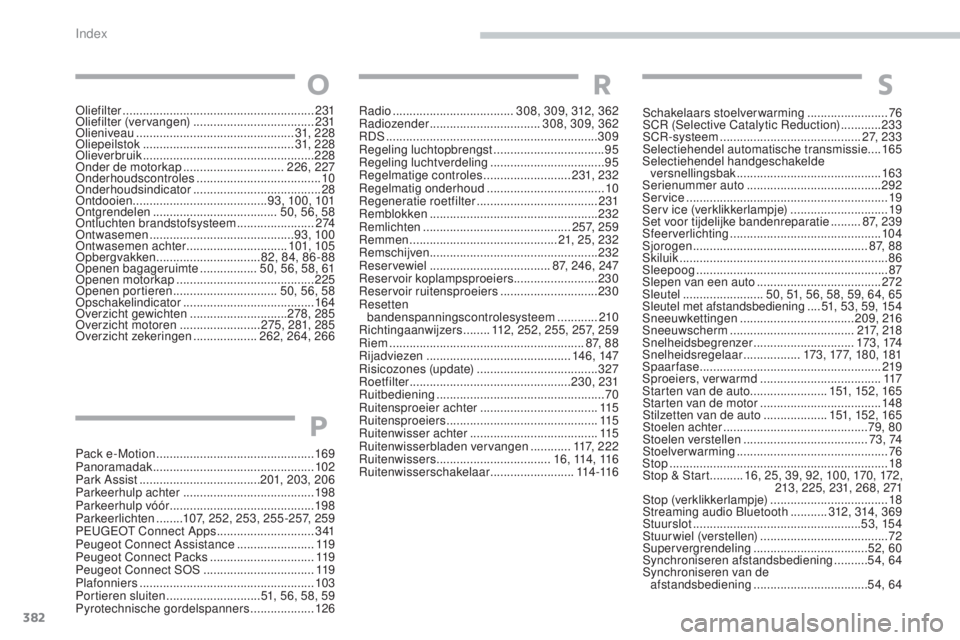 Peugeot 308 2017  Handleiding (in Dutch) 382
308_nl_Chap11_index-alpha_ed01-2016
Radio .................................... 308, 309, 312, 362
Radiozender  ................................. 308, 309, 362
RDS
 

..............................