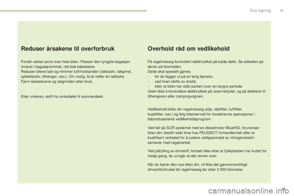 Peugeot 308 2017  Brukerhåndbok (in Norwegian) 11
308_no_Chap00c_eco-conduite_ed01-2016
Reduser årsakene til overforbruk
Fordel vekten jevnt over hele bilen. Plasser den tyngste bagasjen 
innerst i bagasjerommet, rett bak baksetene.
Reduser bilen