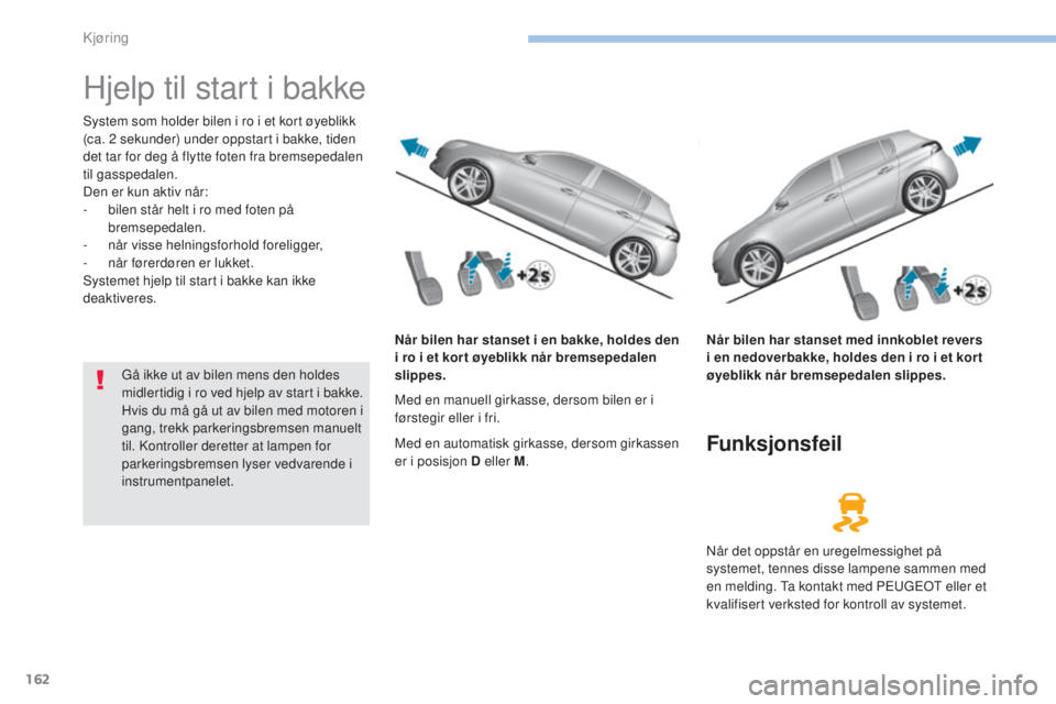 Peugeot 308 2017 Brukerhåndbok (in Norwegian) 162
308_no_Chap06_conduite_ed01-2016
Hjelp til start i bakke
System som holder bilen i ro i et kort øyeblikk
(ca. 2 sekunder) under oppstart i bakke, tiden
det tar for deg å flytte foten fra brems Peugeot 308 2017 Brukerhåndbok (in Norwegian) 162
308_no_Chap06_conduite_ed01-2016
Hjelp til start i bakke
System som holder bilen i ro i et kort øyeblikk
(ca. 2 sekunder) under oppstart i bakke, tiden
det tar for deg å flytte foten fra brems