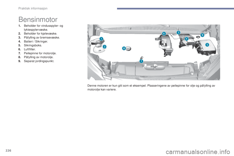 Peugeot 308 2017 Brukerhåndbok (in Norwegian) 226
308_no_Chap07_info-pratiques_ed01-2016
Bensinmotor
1. Beholder for vindusspyler- og lyktespylervæske.
2.
Be
holder for kjølevæske.
3.
P
åfylling av bremsevæske.
4.
B
atteri / Sikringer. Peugeot 308 2017 Brukerhåndbok (in Norwegian) 226
308_no_Chap07_info-pratiques_ed01-2016
Bensinmotor
1. Beholder for vindusspyler- og lyktespylervæske.
2.
Be
holder for kjølevæske.
3.
P
åfylling av bremsevæske.
4.
B
atteri / Sikringer.