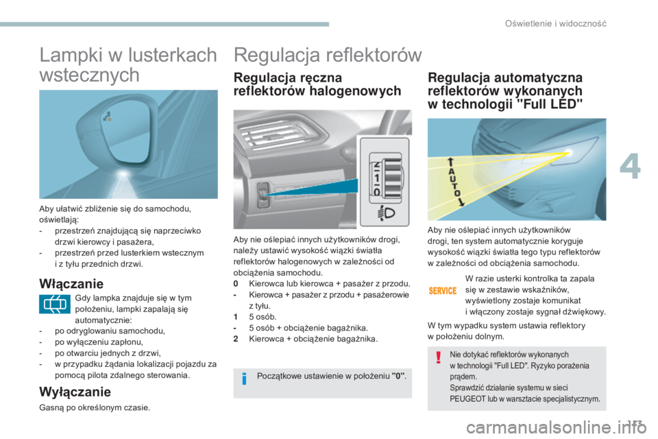Peugeot 308 2017  Instrukcja Obsługi (in Polish) 113
308_pl_Chap04_eclairage-et-visibilite_ed01-2016
Aby ułatwić zbliżenie się do samochodu, 
oświetlają:
- 
p
 rzestrzeń znajdującą się naprzeciwko 
drzwi kierowcy i pasażera,
-
 
p
 rzestr