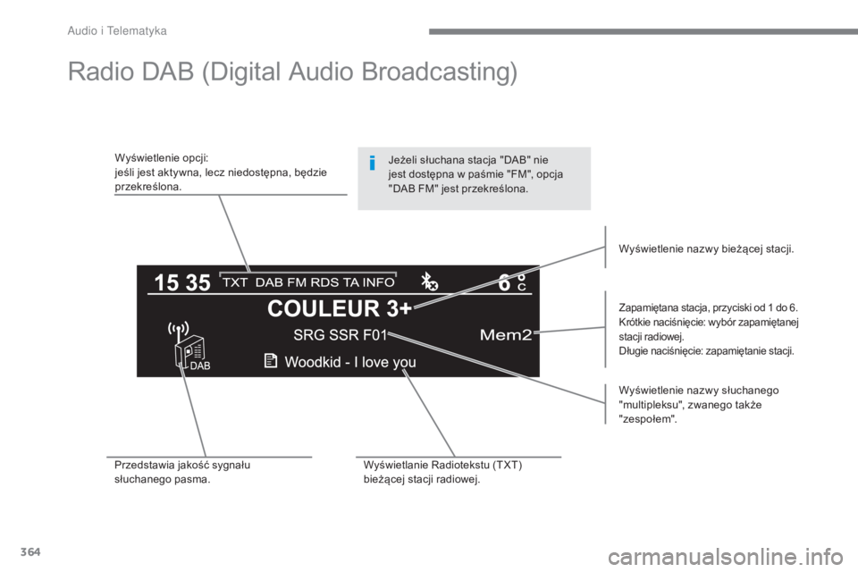 Peugeot 308 2017  Instrukcja Obsługi (in Polish) 364
308_pl_Chap10c_RD45_ed01-2016
Radio DAB (Digital Audio Broadcasting)
Wyświetlenie opcji:
jeśli jest aktywna, lecz niedostępna, będzie 
przekreślona.
Zapamiętana stacja, przyciski od 1 do 6.
