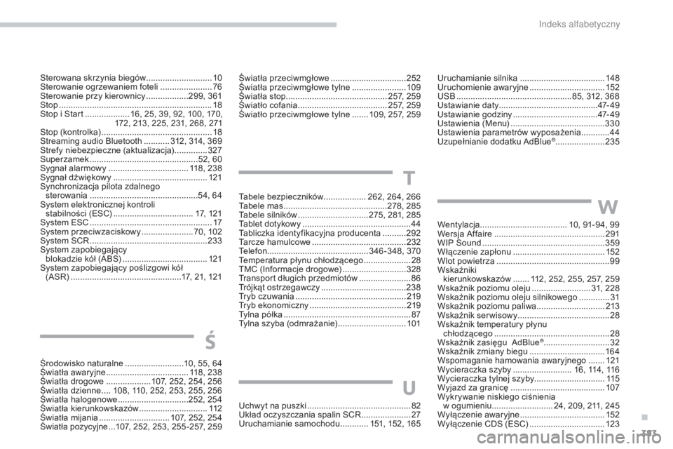 Peugeot 308 2017  Instrukcja Obsługi (in Polish) 383
308_pl_Chap11_index-alpha_ed01-2016
Uruchamianie silnika ....................................14 8
Uruchomienie awaryjne ................................ 15
2
usB ........

........................