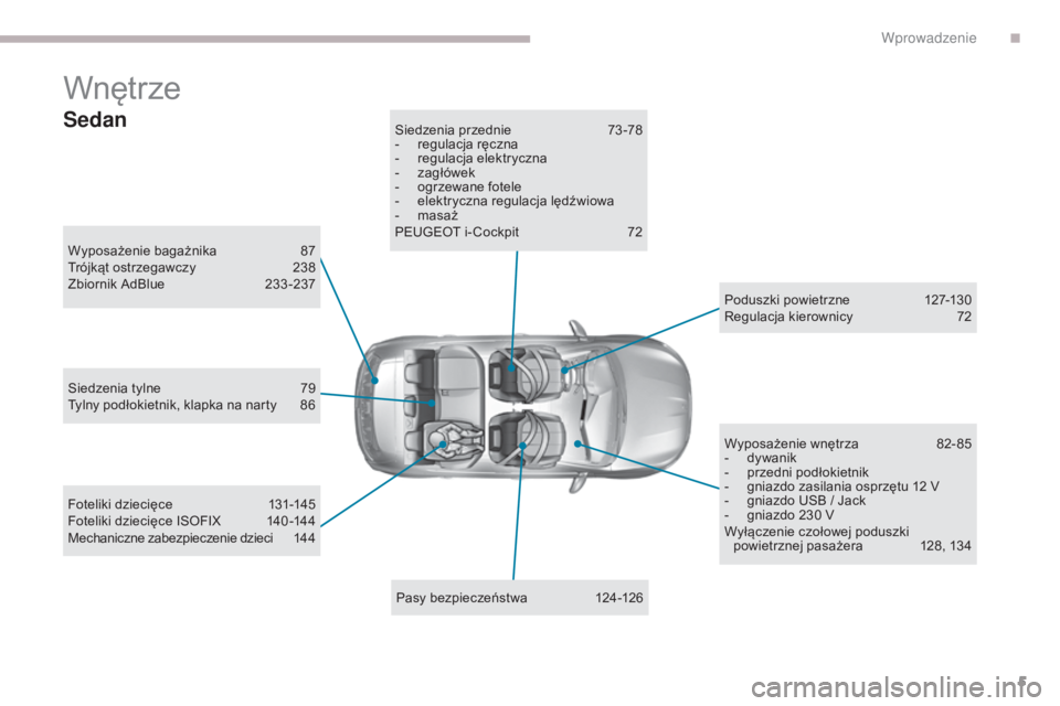 Peugeot 308 2017  Instrukcja Obsługi (in Polish) 5
308_pl_Chap00b_vue-densemble_ed01-2016
Wnętrze
Wyposażenie bagażnika 87
Trójkąt ostrzegawczy  2 38
Zbiornik AdBlue
 2

33-237
Pasy bezpieczeństwa
 
1
 24-126
Siedzenia przednie
 7

3-78
-  
r
