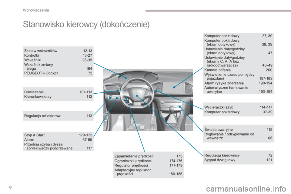 Peugeot 308 2017  Instrukcja Obsługi (in Polish) 8
308_pl_Chap00b_vue-densemble_ed01-2016
Światła awaryjne 118
Ryglowanie / odryglowanie od  wewnątrz
 6

6
Oświetlenie
 1

07-113
Kierunkowskazy
 1

12
Zestaw wskaźników
 
1

2-13
Kontrolki
 13
