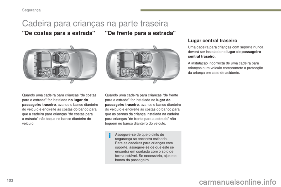 Peugeot 308 2017 Manual do proprietário (in Portuguese) 132
308_pt_Chap05_securite_ed01-2016
Cadeira para crianças na parte traseira
"De costas para a estrada"
Quando uma cadeira para crianças "de costas
para a estrada" for instalada no Peugeot 308 2017 Manual do proprietário (in Portuguese) 132
308_pt_Chap05_securite_ed01-2016
Cadeira para crianças na parte traseira
"De costas para a estrada"
Quando uma cadeira para crianças "de costas
para a estrada" for instalada no