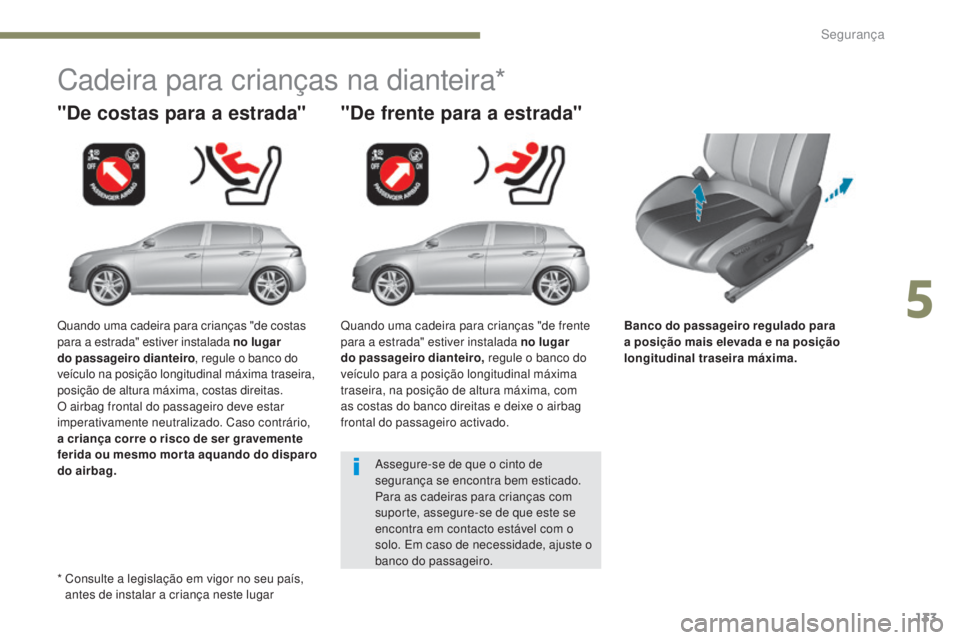 Peugeot 308 2017 Manual do proprietário (in Portuguese) 133
308_pt_Chap05_securite_ed01-2016
Banco do passageiro regulado para
a posição mais elevada e na posição
longitudinal traseira máxima.
"De costas para a estrada"
Cadeira para criança Peugeot 308 2017 Manual do proprietário (in Portuguese) 133
308_pt_Chap05_securite_ed01-2016
Banco do passageiro regulado para
a posição mais elevada e na posição
longitudinal traseira máxima.
"De costas para a estrada"
Cadeira para criança