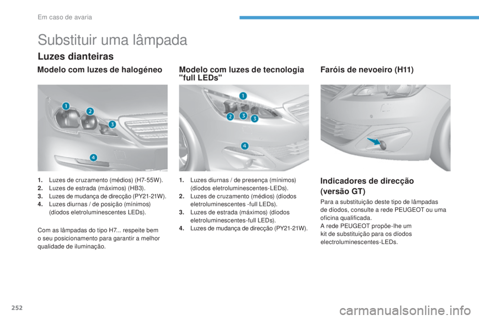Peugeot 308 2017 Manual do proprietário (in Portuguese) 252
308_pt_Chap08_En-cas-de-panne_ed01-2016
Substituir uma lâmpada
Luzes dianteiras
Modelo com luzes de tecnologia
"full LEDs"
Modelo com luzes de halogéneo
Com as lâmpadas do tipo H7... r Peugeot 308 2017 Manual do proprietário (in Portuguese) 252
308_pt_Chap08_En-cas-de-panne_ed01-2016
Substituir uma lâmpada
Luzes dianteiras
Modelo com luzes de tecnologia
"full LEDs"
Modelo com luzes de halogéneo
Com as lâmpadas do tipo H7... r