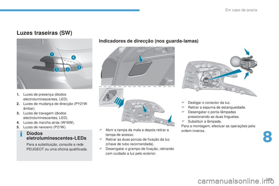 Peugeot 308 2017 Manual do proprietário (in Portuguese) 259
308_pt_Chap08_En-cas-de-panne_ed01-2016
Luzes traseiras (SW)
Díodos
eletroluminescentes-LEDs
Para a substituição, consulte a rede
PEugE Ot ou uma oficina qualificada.
Indicadores de direcç Peugeot 308 2017 Manual do proprietário (in Portuguese) 259
308_pt_Chap08_En-cas-de-panne_ed01-2016
Luzes traseiras (SW)
Díodos
eletroluminescentes-LEDs
Para a substituição, consulte a rede
PEugE Ot ou uma oficina qualificada.
Indicadores de direcç