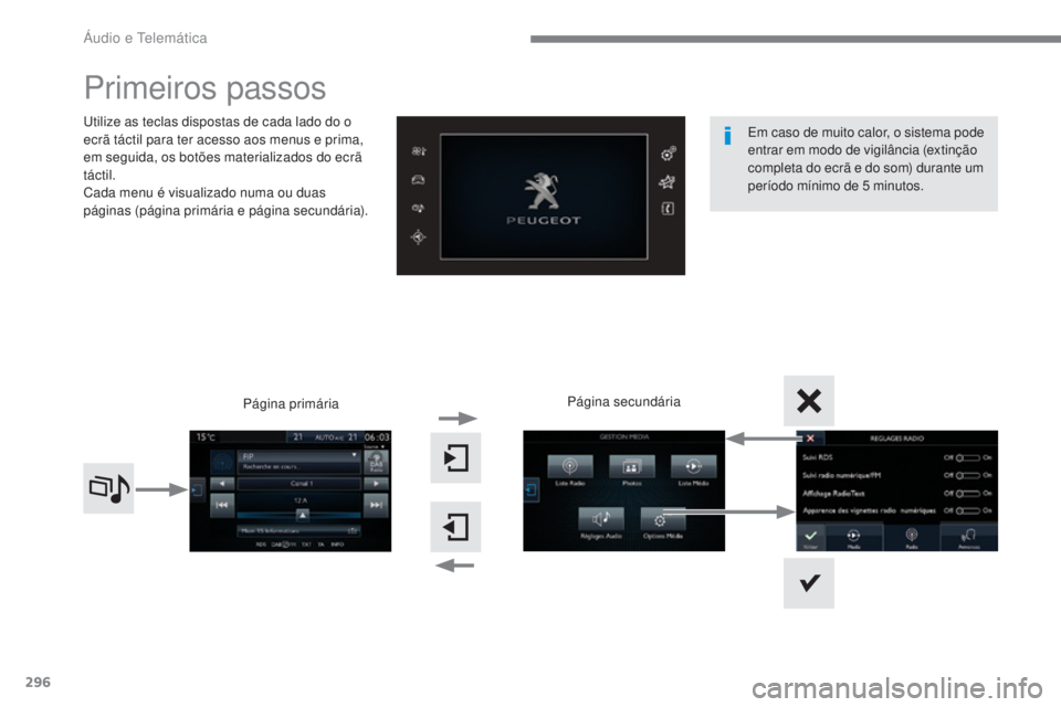 Peugeot 308 2017  Manual do proprietário (in Portuguese) 296
308_pt_Chap10b_SMEgplus_ed01-2016
Primeiros passos
utilize as teclas dispostas de cada lado do o 
ecrã táctil para ter acesso aos menus e prima, 
em seguida, os botões materializados do ecrã 
