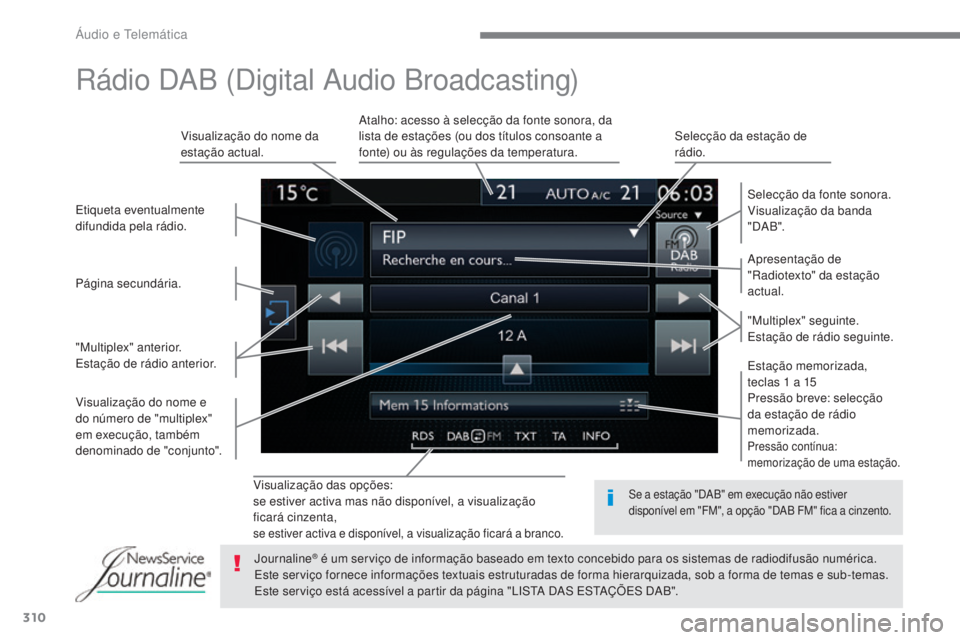 Peugeot 308 2017 Manual do proprietário (in Portuguese) 310
308_pt_Chap10b_SMEgplus_ed01-2016
Visualização das opções:
se estiver activa mas não disponível, a visualização
ficará cinzenta,
se estiver activa e disponível, a visualização ficará Peugeot 308 2017 Manual do proprietário (in Portuguese) 310
308_pt_Chap10b_SMEgplus_ed01-2016
Visualização das opções:
se estiver activa mas não disponível, a visualização
ficará cinzenta,
se estiver activa e disponível, a visualização ficará