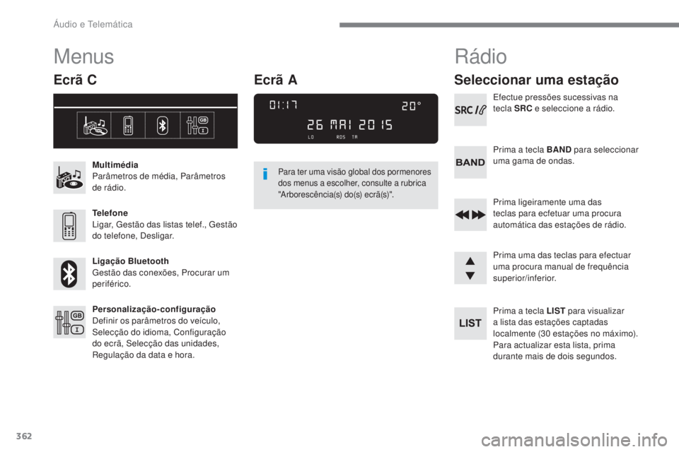 Peugeot 308 2017 Manual do proprietário (in Portuguese) 362
308_pt_Chap10c_RD45_ed01-2016
Menus
Ecrã C
Multimédia
Parâmetros de média, Parâmetros
de rádio.
Telefone
Ligar, g
e
stão das listas telef., g
e
stão
do telefone, Desligar.
Ligação B Peugeot 308 2017 Manual do proprietário (in Portuguese) 362
308_pt_Chap10c_RD45_ed01-2016
Menus
Ecrã C
Multimédia
Parâmetros de média, Parâmetros
de rádio.
Telefone
Ligar, g
e
stão das listas telef., g
e
stão
do telefone, Desligar.
Ligação B