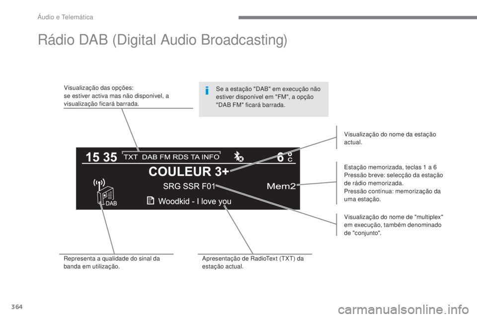 Peugeot 308 2017 Manual do proprietário (in Portuguese) 364
308_pt_Chap10c_RD45_ed01-2016
Rádio DAB (Digital Audio Broadcasting)
Visualização das opções:
se estiver activa mas não disponível, a
visualização ficará barrada.Estação memorizada, t Peugeot 308 2017 Manual do proprietário (in Portuguese) 364
308_pt_Chap10c_RD45_ed01-2016
Rádio DAB (Digital Audio Broadcasting)
Visualização das opções:
se estiver activa mas não disponível, a
visualização ficará barrada.Estação memorizada, t