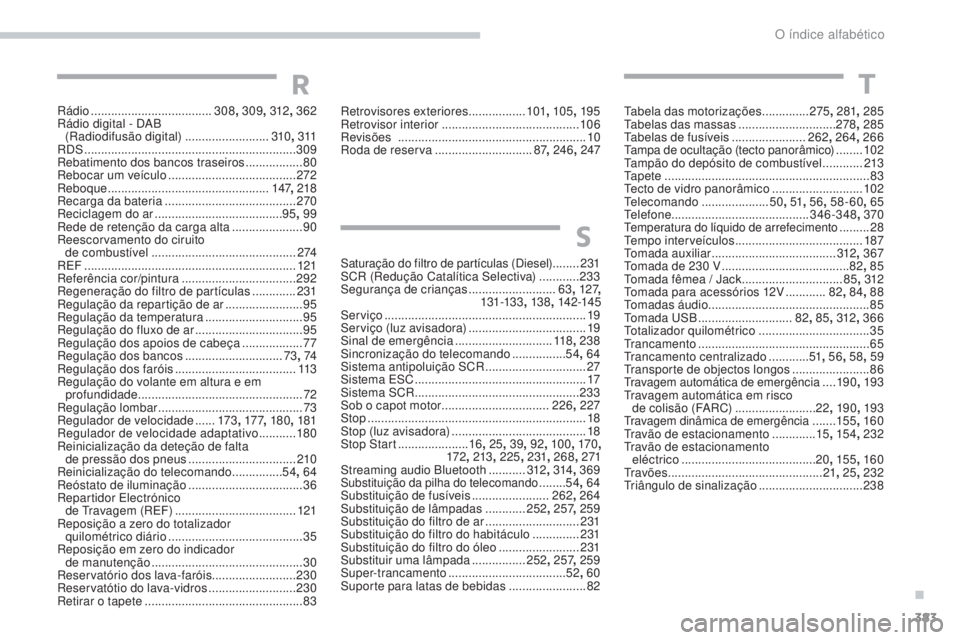 Peugeot 308 2017 Manual do proprietário (in Portuguese) 383
308_pt_Chap11_index-alpha_ed01-2016
tabela das motorizações ..............275, 281 , 285ta
belas das massas .............................278 , 285
tab
elas de fusíveis
.................... Peugeot 308 2017 Manual do proprietário (in Portuguese) 383
308_pt_Chap11_index-alpha_ed01-2016
tabela das motorizações ..............275, 281 , 285ta
belas das massas .............................278 , 285
tab
elas de fusíveis
....................