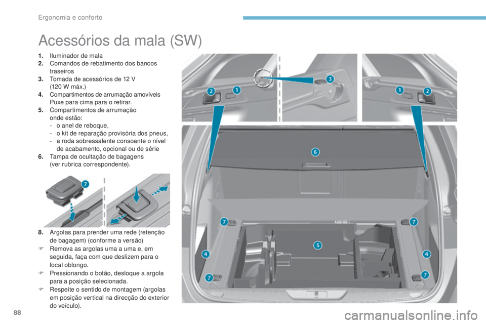 Peugeot 308 2017 Manual do proprietário (in Portuguese) 88
308_pt_Chap03_ergonomie-et-confort_ed01-2016
Acessórios da mala (SW)
1. Iluminador de mala
2. Comandos de rebatimento dos bancos
traseiros
3.
t
o
mada de acessórios de 12 V
(120
W má Peugeot 308 2017 Manual do proprietário (in Portuguese) 88
308_pt_Chap03_ergonomie-et-confort_ed01-2016
Acessórios da mala (SW)
1. Iluminador de mala
2. Comandos de rebatimento dos bancos
traseiros
3.
t
o
mada de acessórios de 12 V
(120
W má