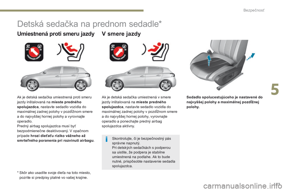 Peugeot 308 2017  Užívateľská príručka (in Slovak) 133
308_sk_Chap05_securite_ed01-2016
Sedadlo spolucestujúceho je nastavené do 
najvyššej polohy a maximálnej pozdĺžnej 
polohy.
Umiestnená proti smeru jazdy
Detská sedačka na prednom sedadle