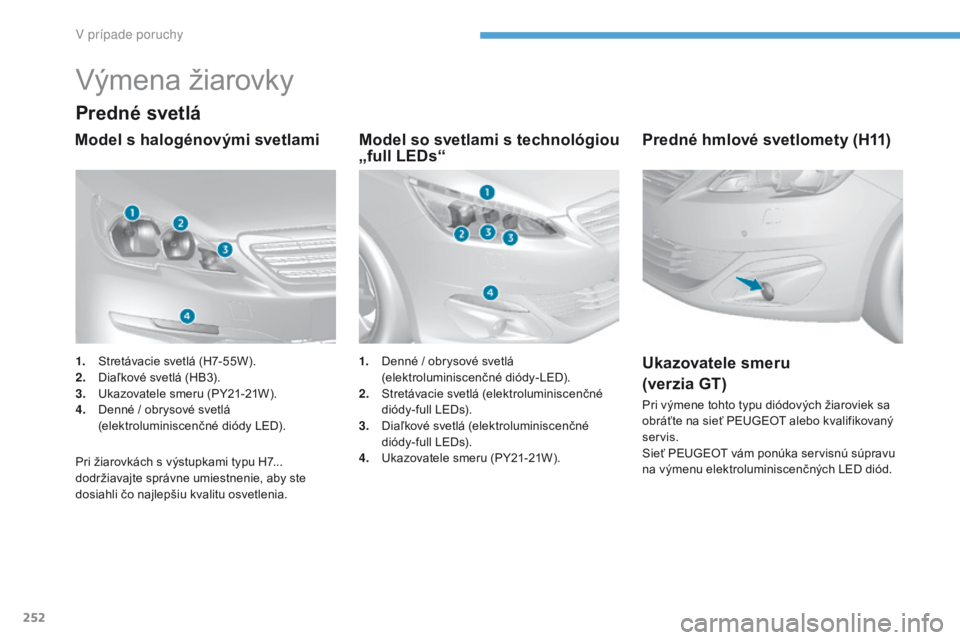 Peugeot 308 2017  Užívateľská príručka (in Slovak) 252
308_sk_Chap08_En-cas-de-panne_ed01-2016
Výmena žiarovky
Predné svetlá
Model so svetlami s technológiou 
„full LEDs“
Model s halogénovými svetlami
Pri žiarovkách s výstupkami typu H7.