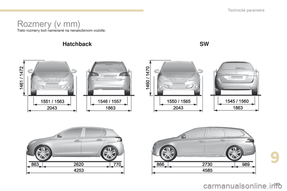 Peugeot 308 2017  Užívateľská príručka (in Slovak) 289
308_sk_Chap09_caracteristiques-techniques_ed01-2016
Rozmery (v mm)Tieto rozmery boli namerané na nenaloženom vozidle.
HatchbackSW
9 
Technick