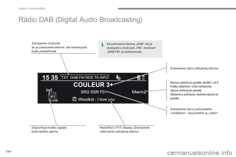 Peugeot 308 2017  Užívateľská príručka (in Slovak) 364
308_sk_Chap10c_RD45_ed01-2016
Rádio DAB (Digital Audio Broadcasting)
Zobrazenie možností:
ak je zobrazenie aktívne, ale nedostupné, 
bude prečiarknuté.
Stanica uložená do pamäte, tlačid