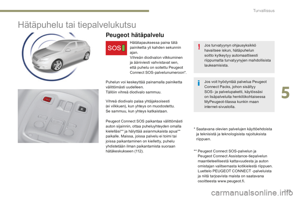 Peugeot 308 2017  Omistajan käsikirja (in Finnish) 119
308_fi_Chap05_securite_ed01-2016
Hätäpuhelu tai tiepalvelukutsu
Jos turvatyynyn ohjausyksikkö 
havaitsee iskun, hätäpuhelun 
soitto kytkeytyy automaattisesti 
riippumatta turvatyynyjen mahdol