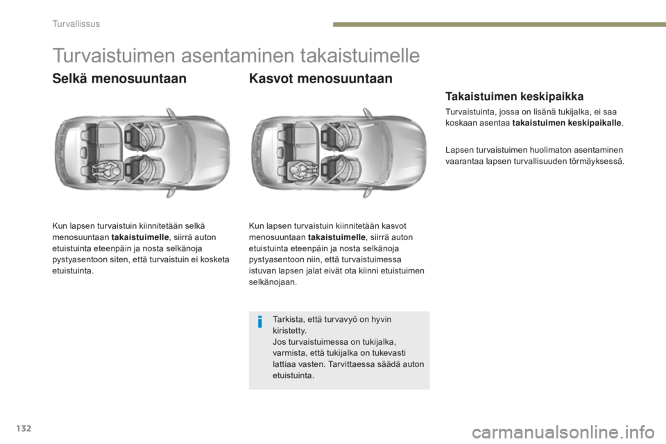 Peugeot 308 2017  Omistajan käsikirja (in Finnish) 132
308_fi_Chap05_securite_ed01-2016
Turvaistuimen asentaminen takaistuimelle
Selkä menosuuntaan
Kun lapsen turvaistuin kiinnitetään selkä 
menosuuntaan takaistuimelle, siirrä auton 
etuistuinta 