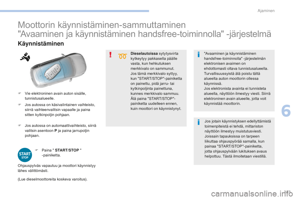 Peugeot 308 2017  Omistajan käsikirja (in Finnish) 151
308_fi_Chap06_conduite_ed01-2016
Dieselautoissa sytytysvirta 
kytkeytyy pakkasella päälle 
vasta, kun hehkutuksen 
merkkivalo on sammunut.
Jos tämä merkkivalo syttyy, 
kun "START/STOP"