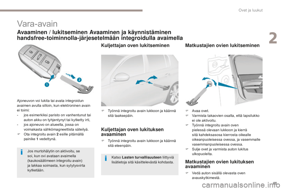Peugeot 308 2017  Omistajan käsikirja (in Finnish) 63
308_fi_Chap02_ouvertures_ed01-2016
Vara-avain
Avaaminen / lukitseminen Avaaminen ja käynnistäminen 
handsfree-toiminnolla-järjesetelmään integroidulla avaimella
Ajoneuvon voi lukita tai avata 