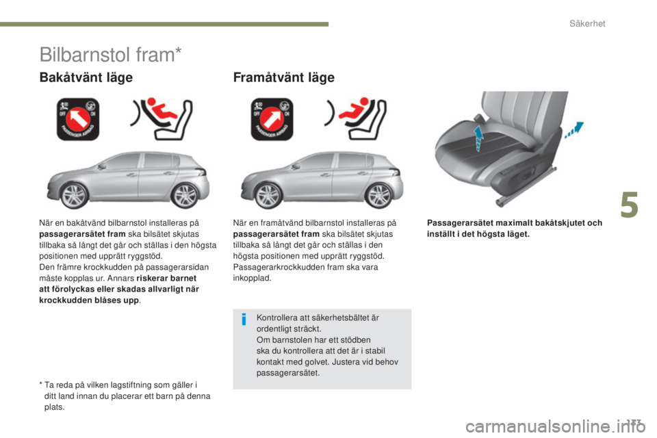Peugeot 308 2017  Ägarmanual (in Swedish) 133
308_sv_Chap05_securite_ed01-2016
Passagerarsätet maximalt bakåtskjutet och 
inställt i det högsta läget.
Bakåtvänt läge
Bilbarnstol fram*
Framåtvänt läge
Kontrollera att säkerhetsbält