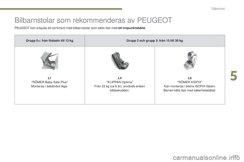Peugeot 308 2017  Ägarmanual (in Swedish) 137
308_sv_Chap05_securite_ed01-2016
Bilbarnstolar som rekommenderas av Peu GeOt
PeuGeOt kan erbjuda ett sortiment med bilbarnstolar som sätts fast med ett trepunktsbälte .
Grupp 0+: från födseln 
