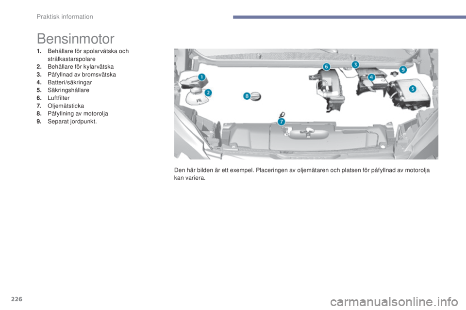 Peugeot 308 2017 Ägarmanual (in Swedish) 226
308_sv_Chap07_info-pratiques_ed01-2016
Bensinmotor
1. Behållare för spolarvätska och strålkastarspolare
2.
B
ehållare för kylarvätska
3.
P
åfyllnad av bromsvätska
4.
B
atteri/säkri Peugeot 308 2017 Ägarmanual (in Swedish) 226
308_sv_Chap07_info-pratiques_ed01-2016
Bensinmotor
1. Behållare för spolarvätska och strålkastarspolare
2.
B
ehållare för kylarvätska
3.
P
åfyllnad av bromsvätska
4.
B
atteri/säkri