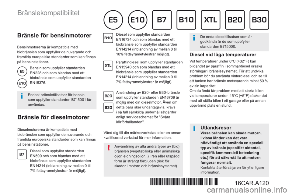 Peugeot 308 2017 Ägarmanual (in Swedish) Bränsle för bensinmotorer
Bensinmotorerna är kompatibla med biobränslen som uppfyller de nuvarande och framtida europeiska standarder som kan finnas på bensinstationer.
Peugeot 308 2017 Ägarmanual (in Swedish) Bränsle för bensinmotorer
Bensinmotorerna är kompatibla med biobränslen som uppfyller de nuvarande och framtida europeiska standarder som kan finnas på bensinstationer.