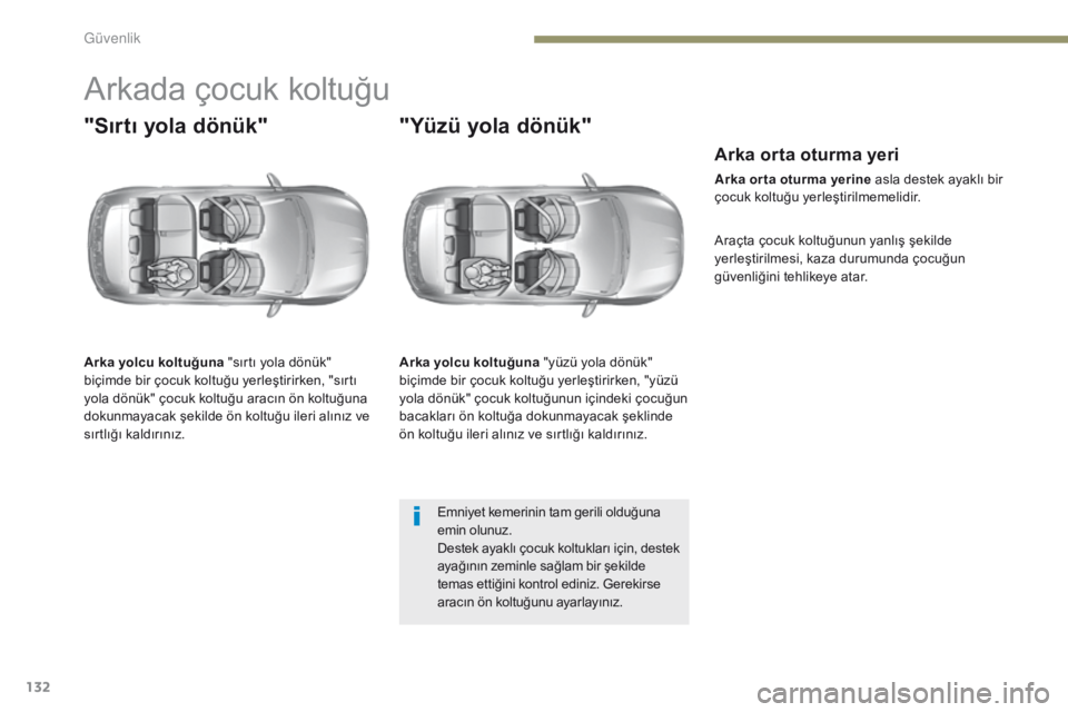 Peugeot 308 2017 Kullanım Kılavuzu (in Turkish) 132
308_tr_Chap05_securite_ed01-2016
Arkada çocuk koltuğu
"Sırtı yola dönük"
Arka yolcu koltuğuna "sırtı yola dönük"
biçimde bir çocuk koltuğu yerleştirirken, "sır Peugeot 308 2017 Kullanım Kılavuzu (in Turkish) 132
308_tr_Chap05_securite_ed01-2016
Arkada çocuk koltuğu
"Sırtı yola dönük"
Arka yolcu koltuğuna "sırtı yola dönük"
biçimde bir çocuk koltuğu yerleştirirken, "sır