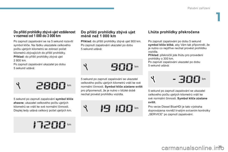 Peugeot 308 2017  Návod k obsluze (in Czech) 29
308_cs_Chap01_instruments-de-bord_ed01-2016
Do příští prohlídky zbývá ujet vzdálenost 
v rozmezí od 1 000 do 3 000 km
5 sekund po zapnutí zapalování symbol klíče 
zhasne; ukazatel cel