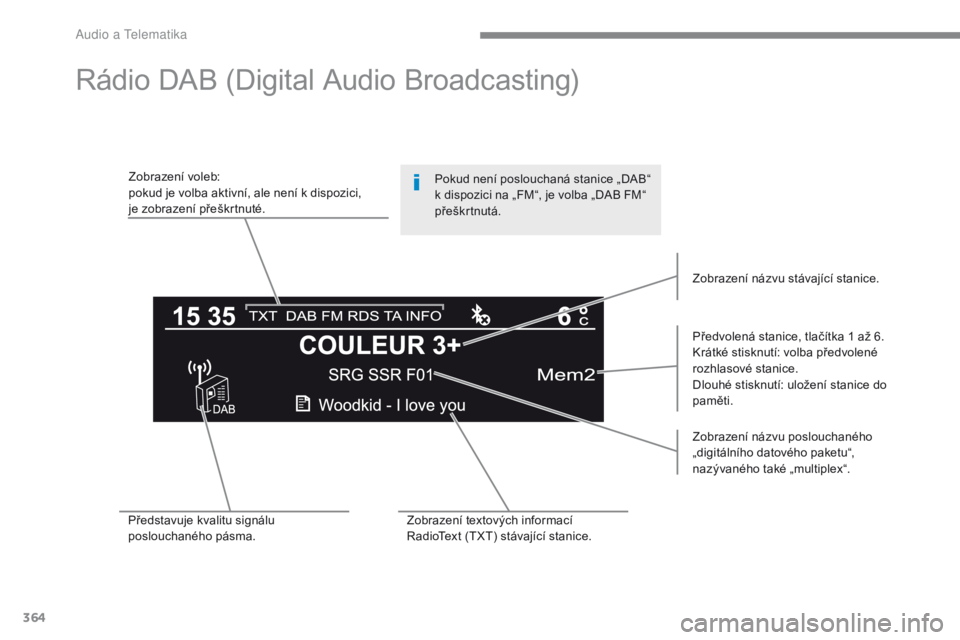 Peugeot 308 2017 Návod k obsluze (in Czech) 364
308_cs_Chap10c_RD45_ed01-2016
Rádio DAB (Digital Audio Broadcasting)
Zobrazení voleb:
pokud je volba aktivní, ale není k dispozici,
je zobrazení přeškrtnuté.Předvolená stanice, tlačít Peugeot 308 2017 Návod k obsluze (in Czech) 364
308_cs_Chap10c_RD45_ed01-2016
Rádio DAB (Digital Audio Broadcasting)
Zobrazení voleb:
pokud je volba aktivní, ale není k dispozici,
je zobrazení přeškrtnuté.Předvolená stanice, tlačít